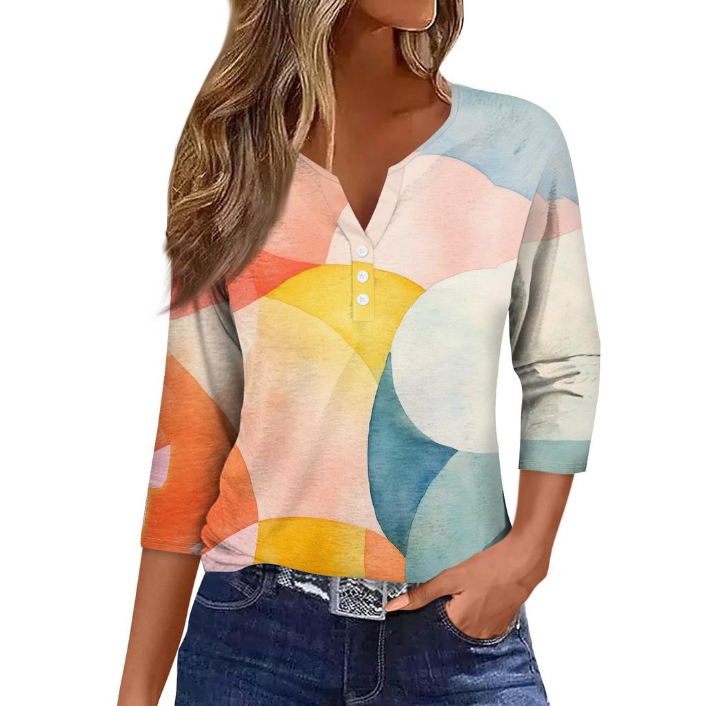 Женская модная повседневная футболка с коротким рукавом и V-образным вырезом, декоративными пуговицами и рукавом три четверти