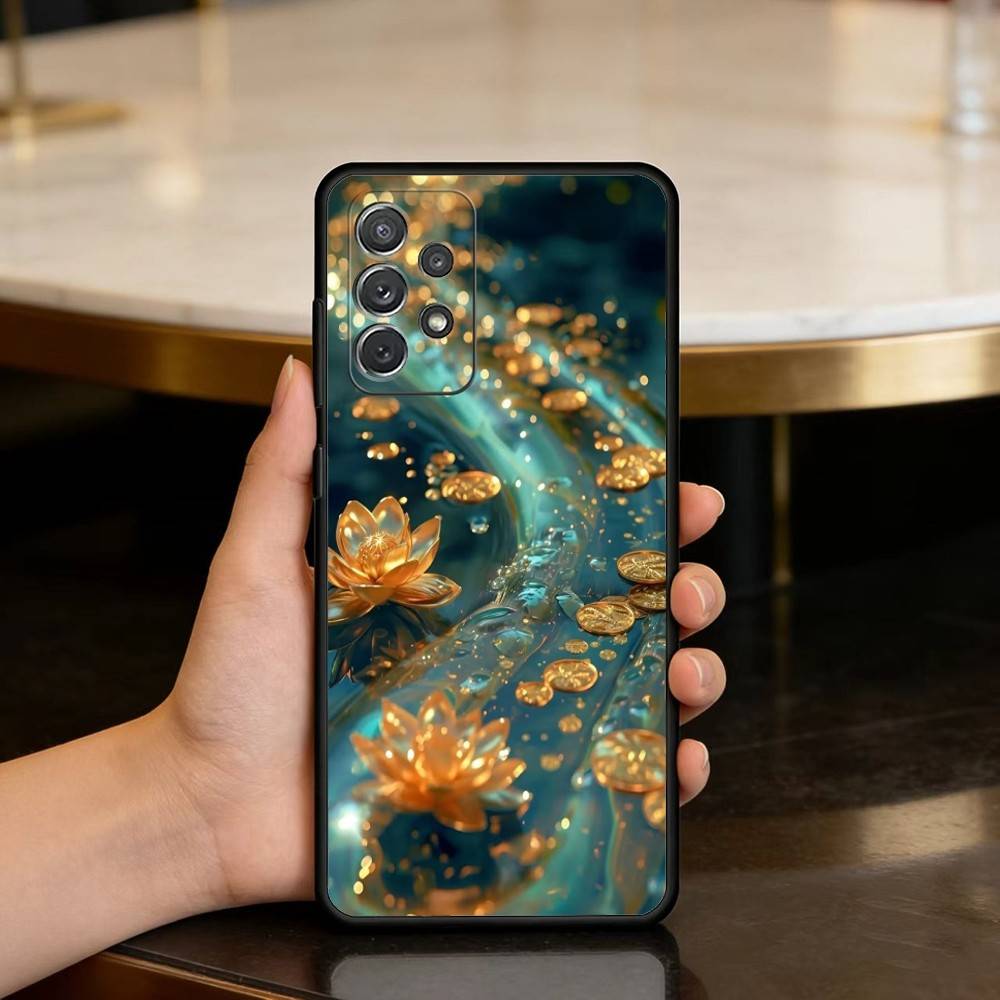 Emerald White Lotus Phone Case For Samsung Galaxy A73,A72,A71,A70,A53,A52,A51,Soft Silicone Black Cover