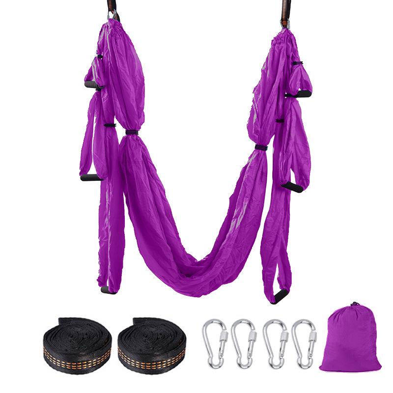 Purple Aerial Yoga Hammock Set with 6 Handles - Indoor Anti-Gravity Elastic Swing