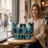 Elegant Teal Geo Print Tote Bag Fashion Daily Carry All Handbag for Women Casual Shopping Commute Shoulder Top Handle Bag