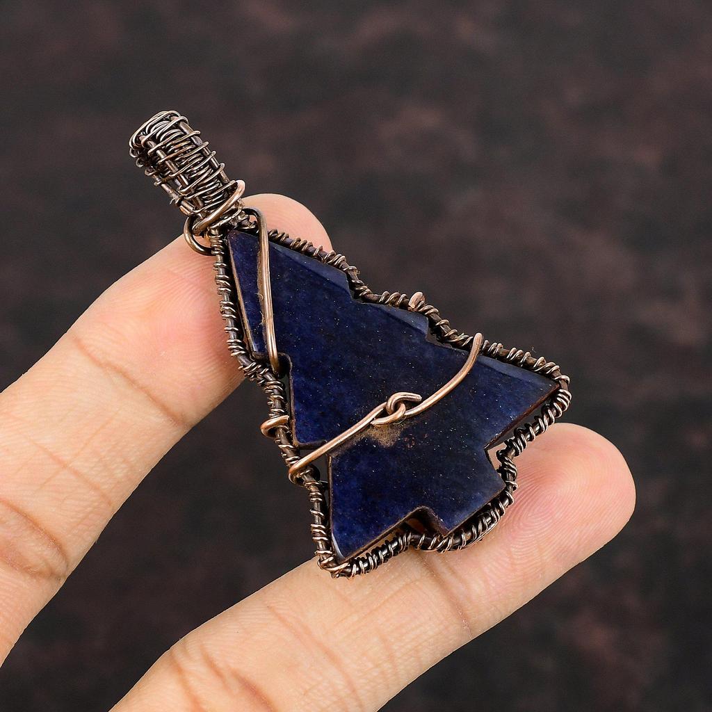 Подвеска из содалита, обернутая медной проволокой, ювелирное изделие ручной работы, изящная подвеска из драгоценного камня, подвеска в виде рождественской елки, ювелирное изделие из содалита, подарок для женщин
