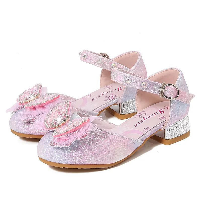 Children Princess Shoes Fashion Glitter Bowknot Girls Wedding Party High-heels Sandals Elegant Kids Sequins Dress Single Shoes