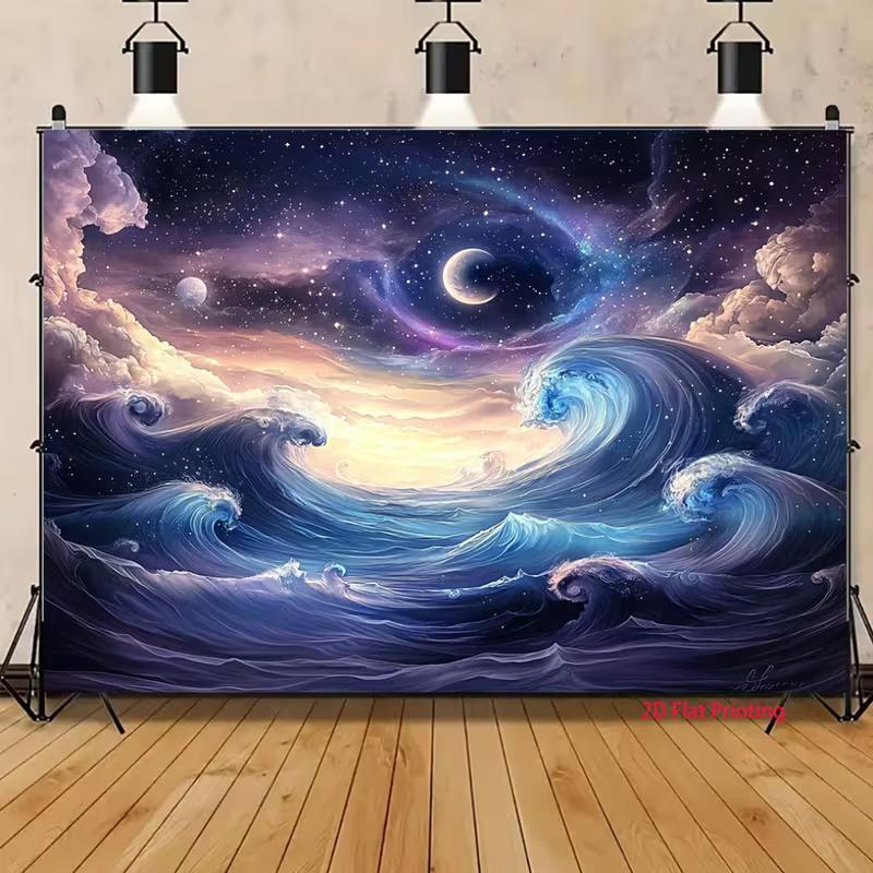 2D Fantasy Ocean Wave Backdrop Purple Starry Sky Moon Photo Background
