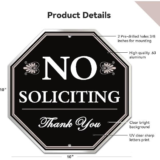 No Soliciting Sign for House, 10x10 Inch – Durable Aluminum Metal Sign for Front Door or Wall, Weather-Resistant, Easy to Mount with Nails or