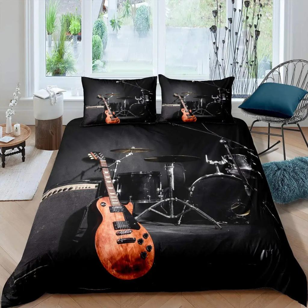 Music Bedding Set Piano Keyboard Music Note Duvet Cover Queen Size Bed Linen Comforter Microfiber Guitar Polyester Bedding Sets