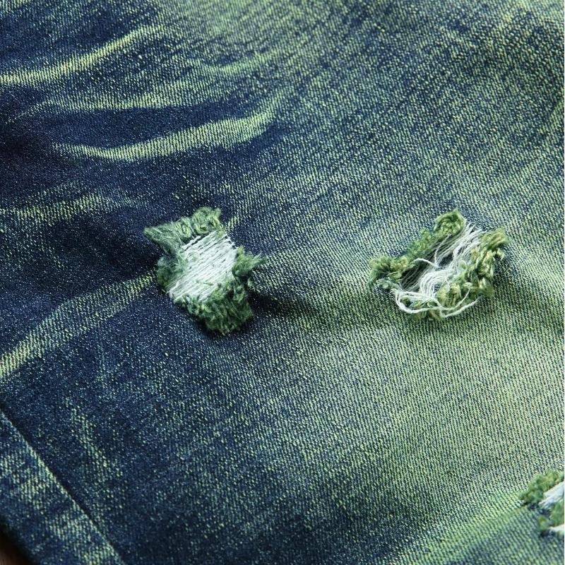 Four Seasons Ripped Slim Jeans Молодежные уличные мужские джинсы Повседневные джинсовые брюки Персонализированные прямые мужские брюки Ocean Green Модная мужская одежда