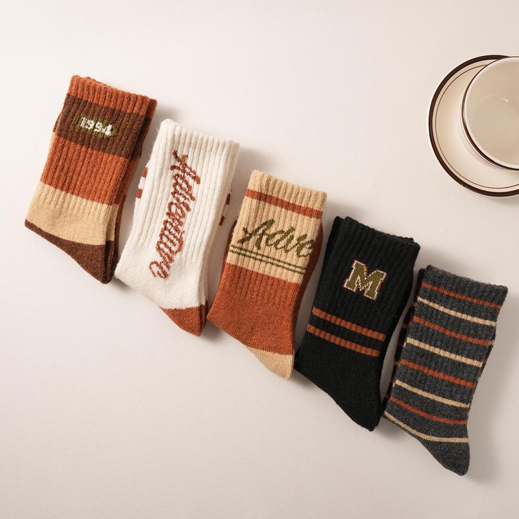 Women's Wool Socks - New Autumn/Winter Korean Striped Mid-Tube with Lettering, Heat-Storage, Warm, Trendy Pile Socks