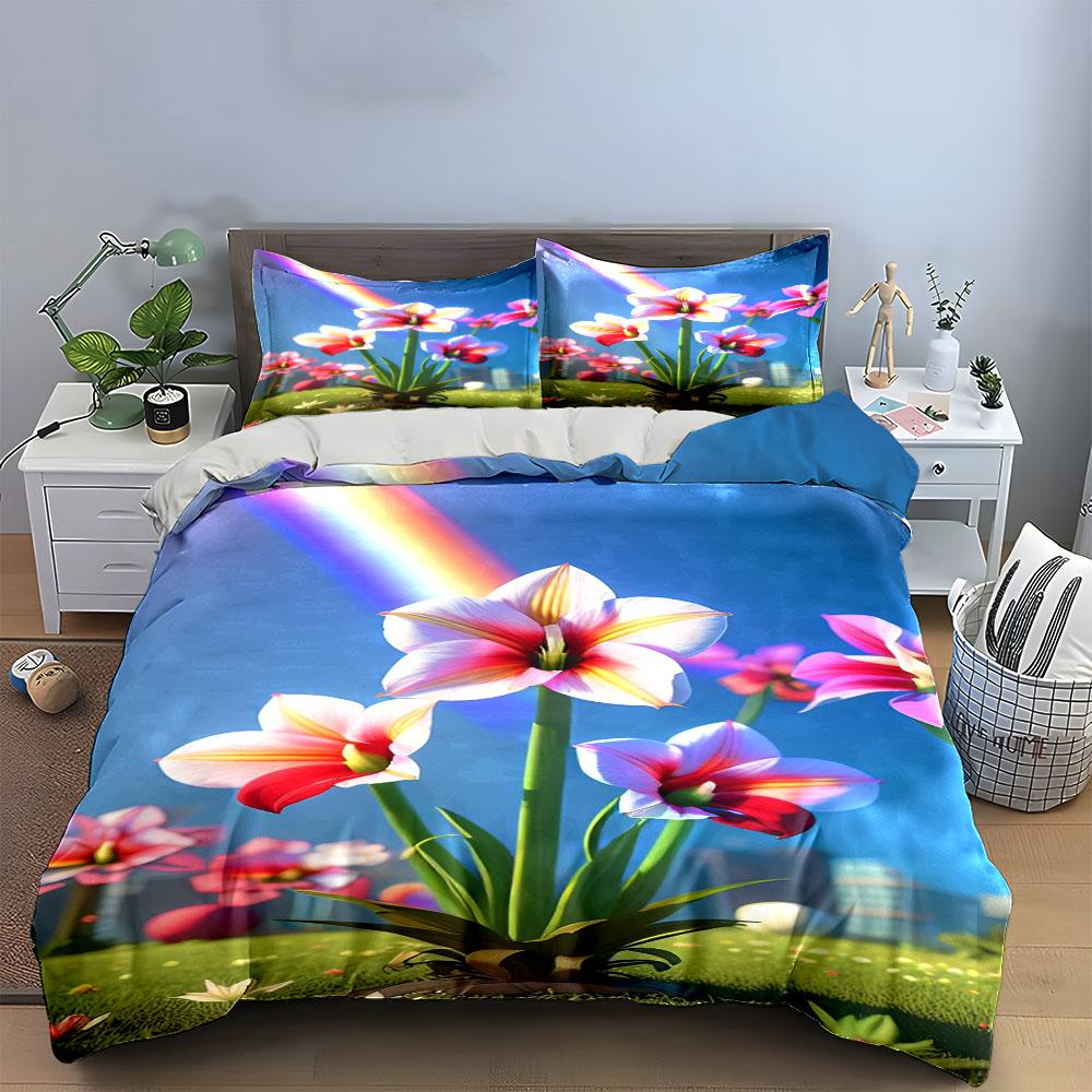 Pink amaryllis with rainbow. Bedding sets Duvet cover sets Duvet covers Pillowcases(1 * Duvet Cover 2 * Pillowcases, without duvet insert)