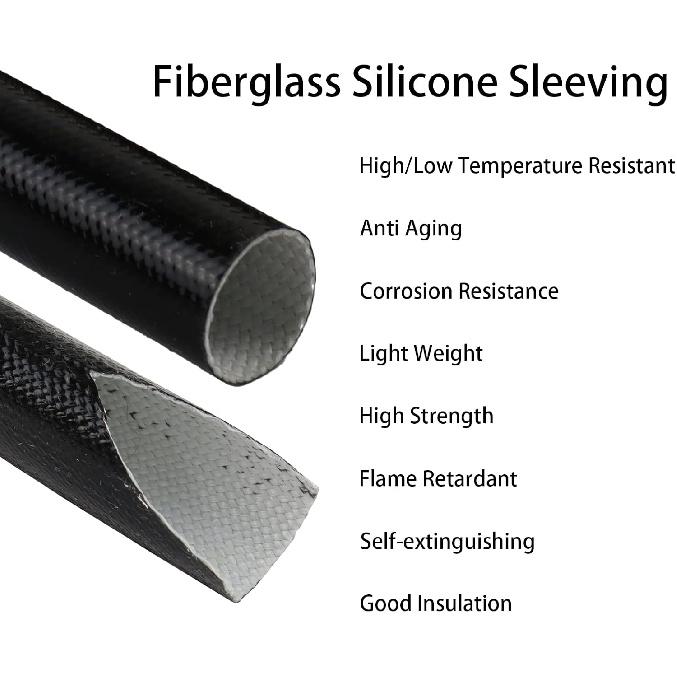 Silicone Fiberglass Sleeve Heat Shield Wire Protective High Temperature Electrical Insulation Self-extinguishing Black (3/16"- 9ft)
