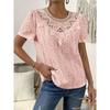 Летние кружевные лоскутные полые блузки и рубашки женские с круглым вырезом и короткими рукавами, однотонные