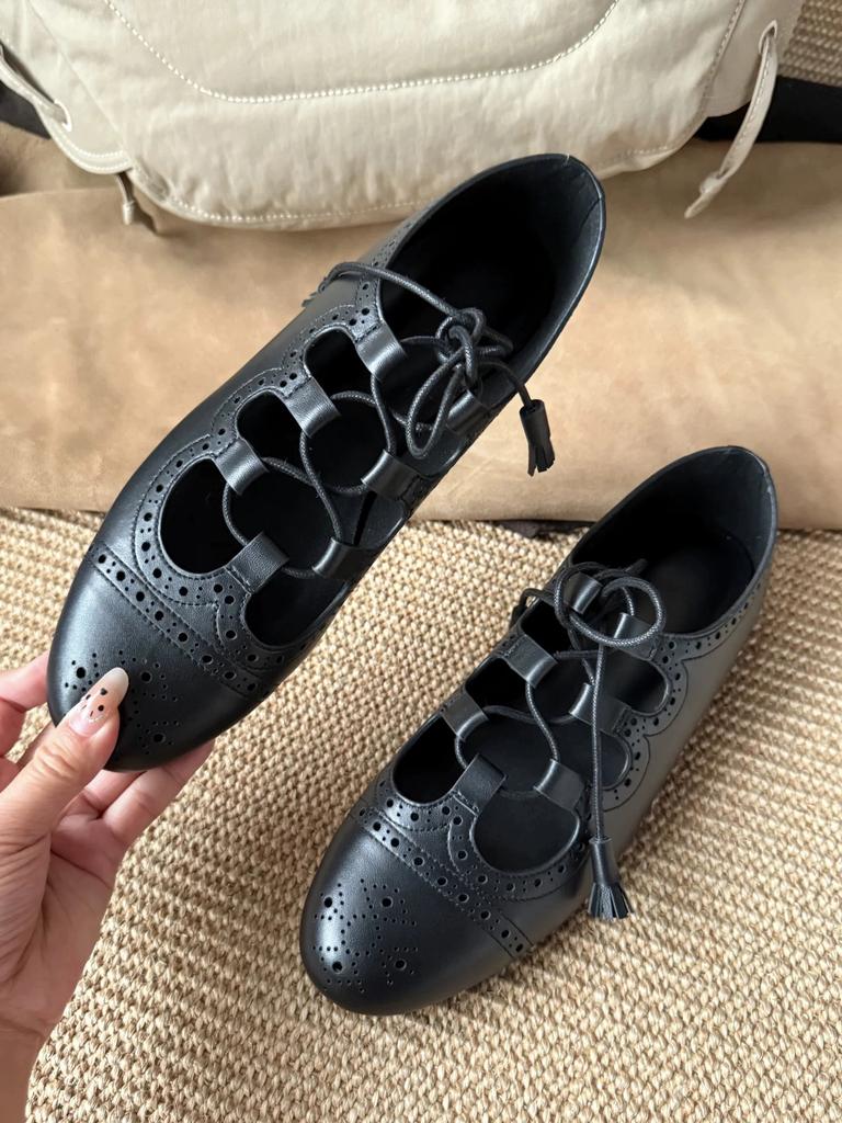 Fashion Women Solid Polka Dot Hollow Cross-Tied Sewing Lace-Up Woman Loafers Mules Mary Janes Ballet Dance Shoes Brogue Flats Summer