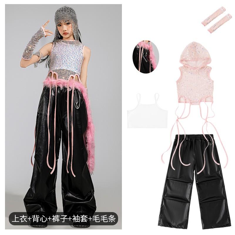 Girls Jazz Dance Outfit Set With Sequin Hooded Crop Top Black Pants Streetwear Performance Costume Kids Teens