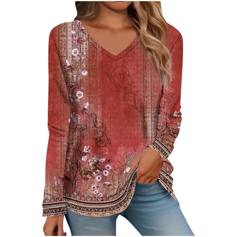 Womens Long Sleeve Tops V Neck Shirts Casual 3D Flower Print Basic Trendy Tee Blouses Fall Tunic Outfits Fitted T Shirts