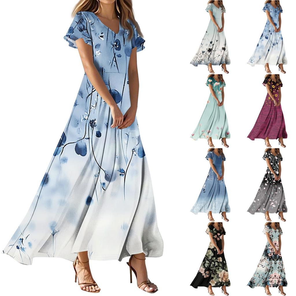 Women's Casual Fashion Print Long Dresses V-Neck Short Sleeve Dresses