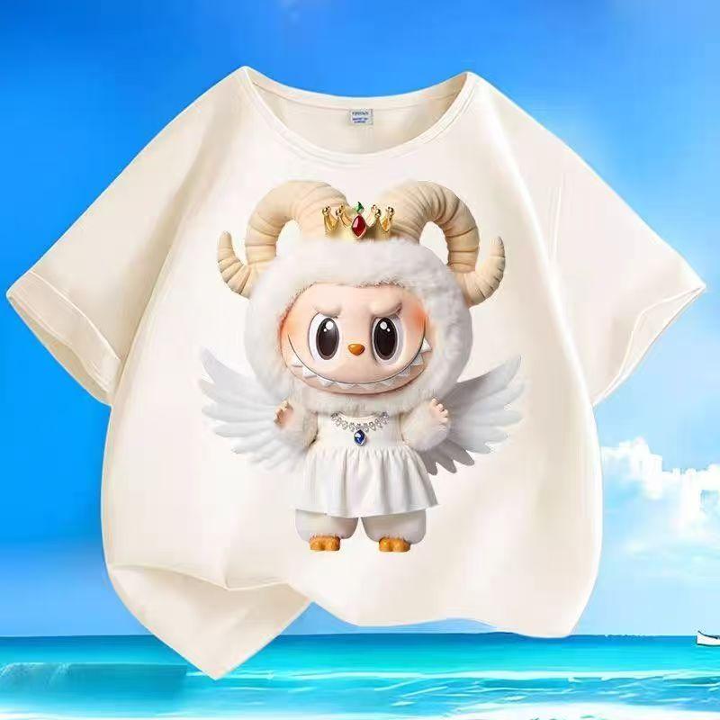 Детские футболки с мультяшным принтом двенадцати созвездий LABUBU, бежевый топ с коротким рукавом для мальчиков и девочек, трендовая одежда, подарок