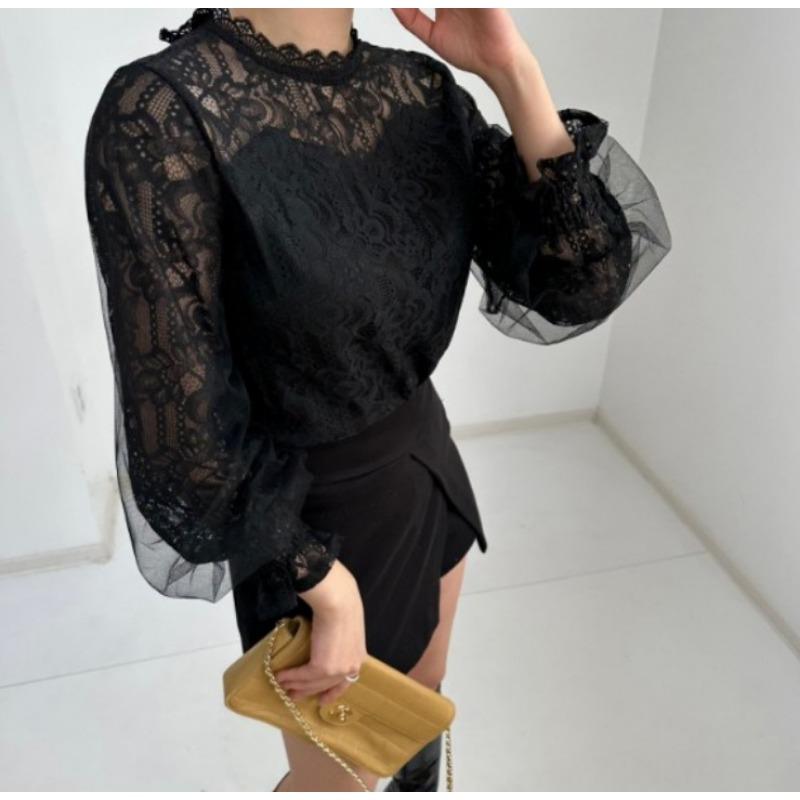Loose Long Sleeved Mesh Lantern Sleeves Lace Women's Blouses & Shirts