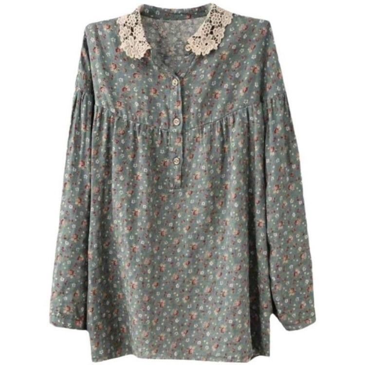 Vintage Artistic Floral Print Cotton Linen Blouse Women Long Sleeve Top Casual Shirt Lace Patchwork Collar Autumn Button Asian Size