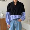 Oversized Men Stand V Neck Long Sleeve Striped Patchwork Casual T-shirts Tops