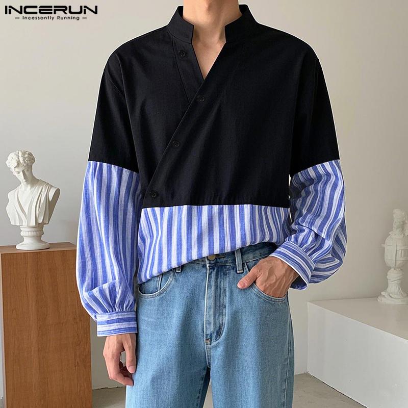 INCERUN Oversized Men Stand V Neck Long Sleeve Striped Patchwork Casual T-shirts Tops