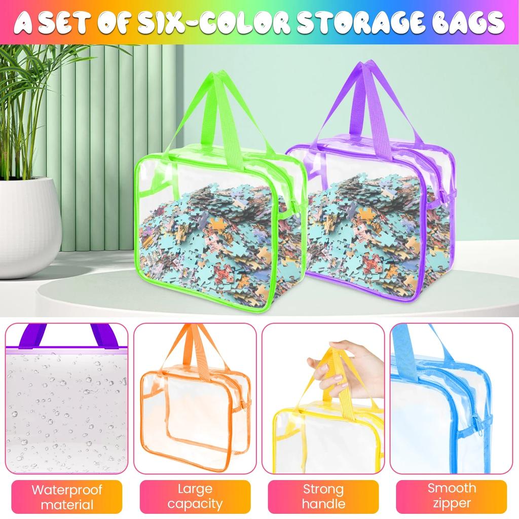 6 Pcs Puzzle Building Block Toy Storage Bags Children's Clear PVC Board Game Storage with Zipper and Handle Waterproof Toy Bag