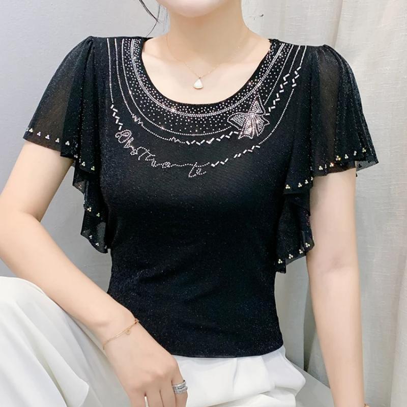 Летняя Новая Элегантная Футболка из Сетки с Короткими Рукавами и Круглым Вырезом Модные Рюши Горячие Бриллианты Женские Футболки Шикарные Рукава-Бабочки Повседневные Топы