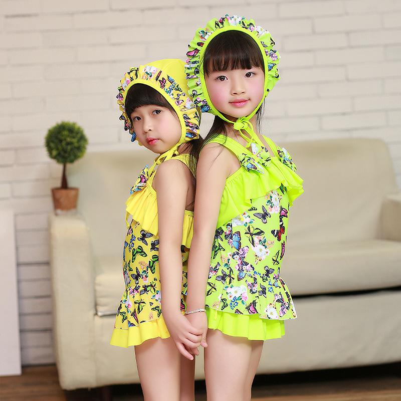 Купальники для девочек, летние милые детские цельные платья для девочек, детский купальный костюм, комплекты купальных костюмов со шляпой