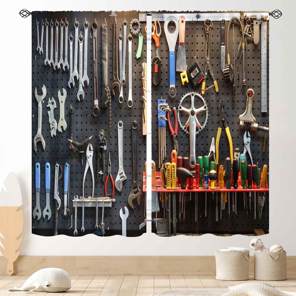 Retro Garage Car Curtain Panels, Cream Base Auto Parts Race Check Flag Classic Mechanic Pattern Drapes For Car Shop Decoration