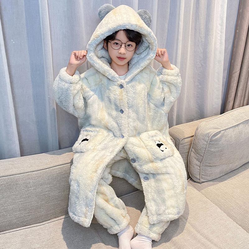 Kids Flannel Pajamas Set Boys Girls Warm Long Sleeve Top And Pants Sleepwear Winter Home Nightwear
