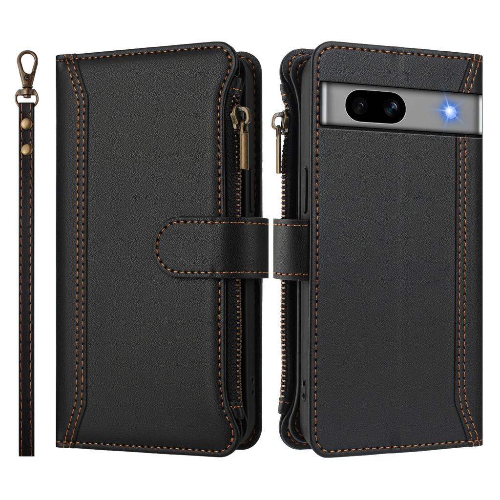 For Google Pixel 7a Leather Case 9 Card Slots Zipper Wallet Stand Phone Cover with Wrist Strap