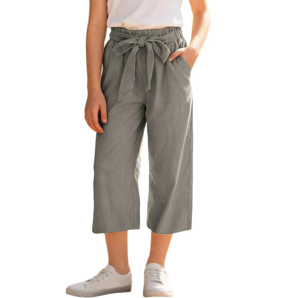Girls' -Color Cotton-Linen Wide-Leg Loose-Fit Cropped Pants With Elastic Waistband
