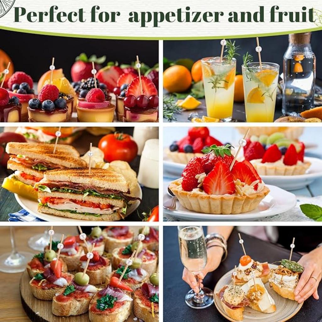 100 Counts Cocktail Picks, Fancy Toothpicks for Appetizers, Pearl Wooden Sticks for Party Supplies, Valentine's Day Food Picks for Party