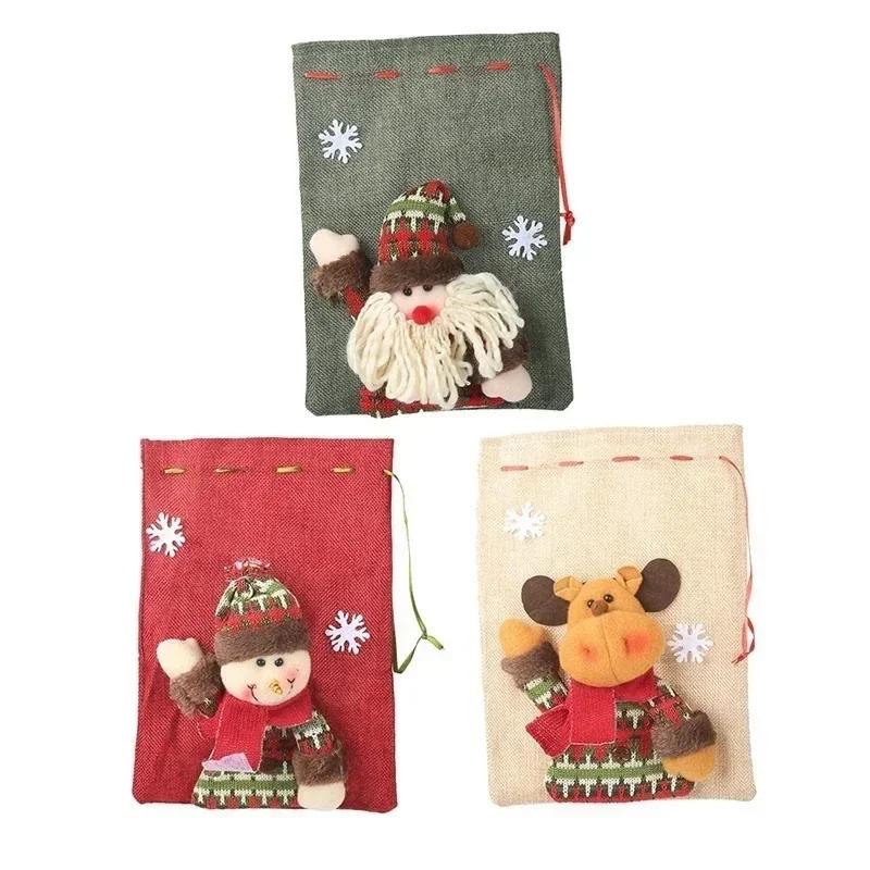 Новогодние рождественские украшения для дома льняной подарочный мешок на шнурке большой мешок для конфет рождественские мешки праздничный мультяшный яблочный чулок