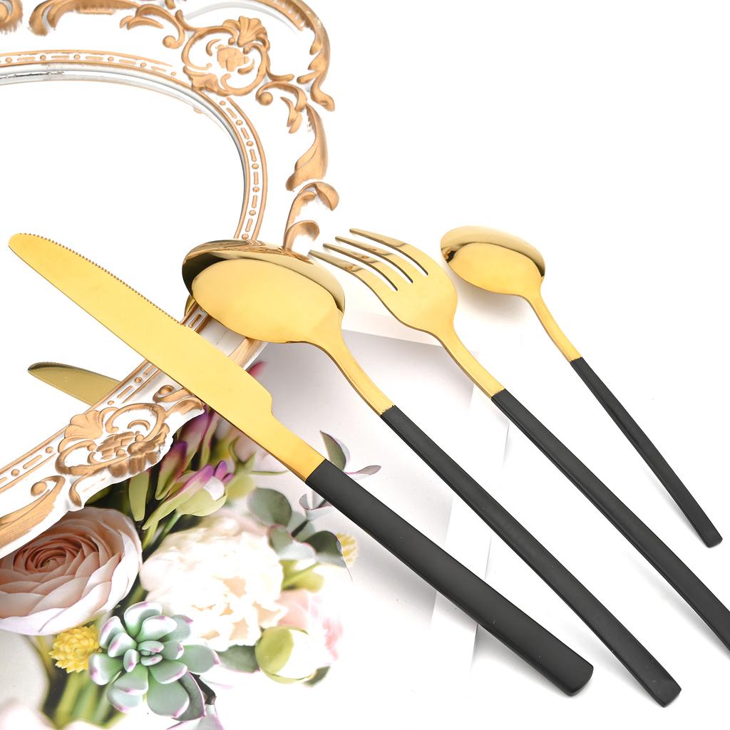 Jankng 16 шт. черные столовые приборы с золотой строчкой, набор посуды из нержавеющей стали, кухонный домашний набор столовых приборов в западном стиле, нож, вилка, ложки, набор посуды