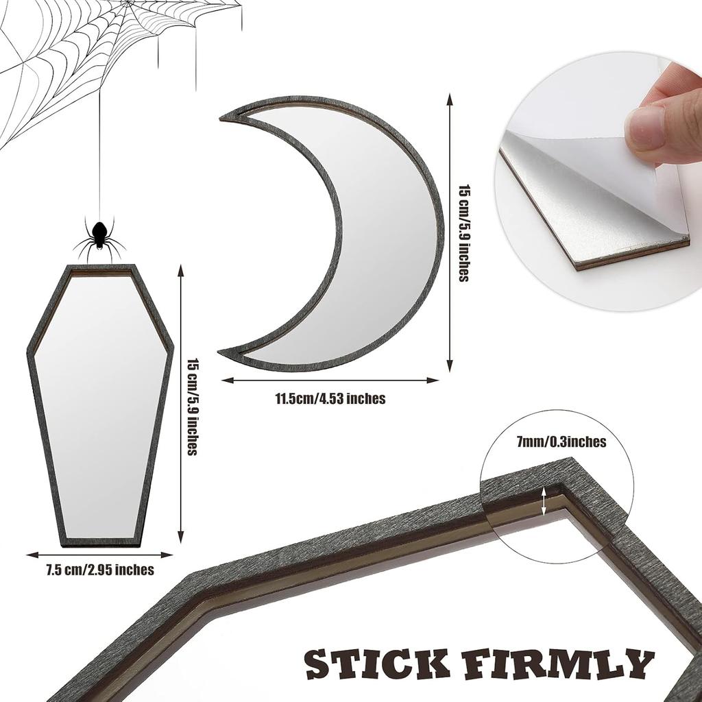 Marsui 2 Pieces Tiny Coffin Moon Mirror Cute Goth Room Decor Spooky Gothic Decorative Mirror Rustic Black Wall Decor Wall-Mounted for Halloween