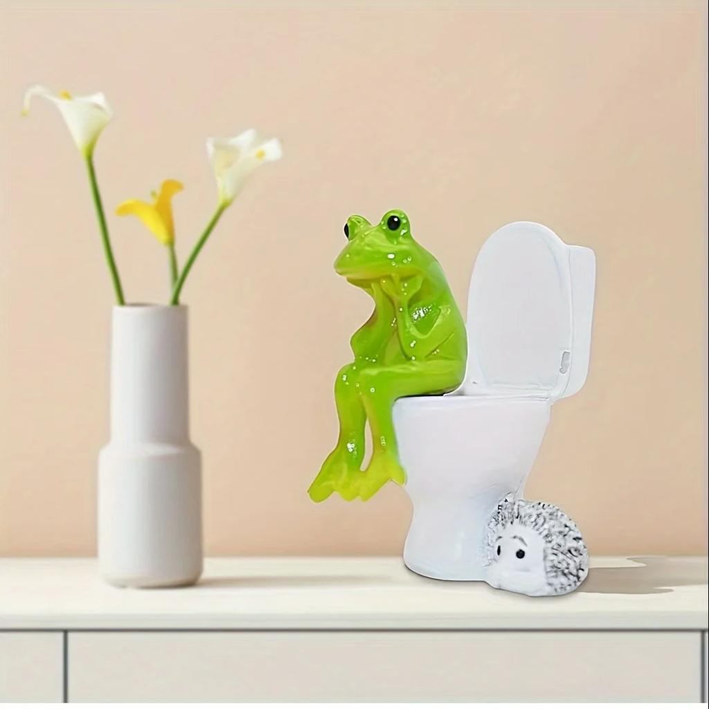 Funny Frog On Toilet Car Dashboard Ornament - Resin, Perfect for Vehicle Interior & Office Desk Decor