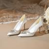 White Rhinestone High-heeled Shoes for Women 2025 New Pointed Thin Heel Satin French Wedding Dress Single Shoes Zaptos Mujer