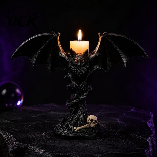 Dark Aesthetic Candle Decor Halloween Devil Bat Holder, Gothic Winged Candlestick with Tea Light Holder Red Eyes, Matte Black Sticks