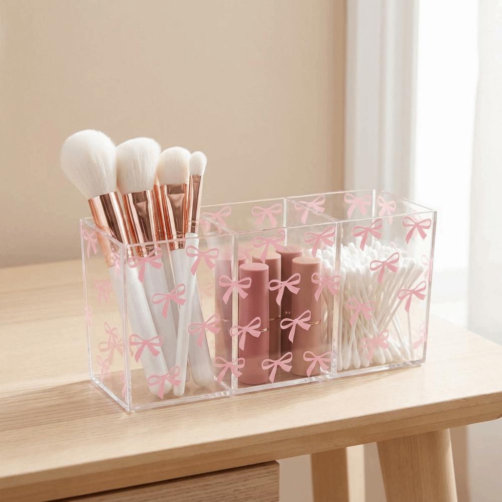 Transparent Makeup Brush Holder 3 Grids Stationery Storage Box Pen Display Case  for Living Room
