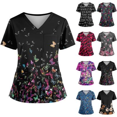Плюс размерСкраб с принтом Рабочая форма Топы для женщин Крест V-образным вырезом Хэллоуин Принт с короткими рукавами Забавные футболки Спецодежда Футболка с карманами