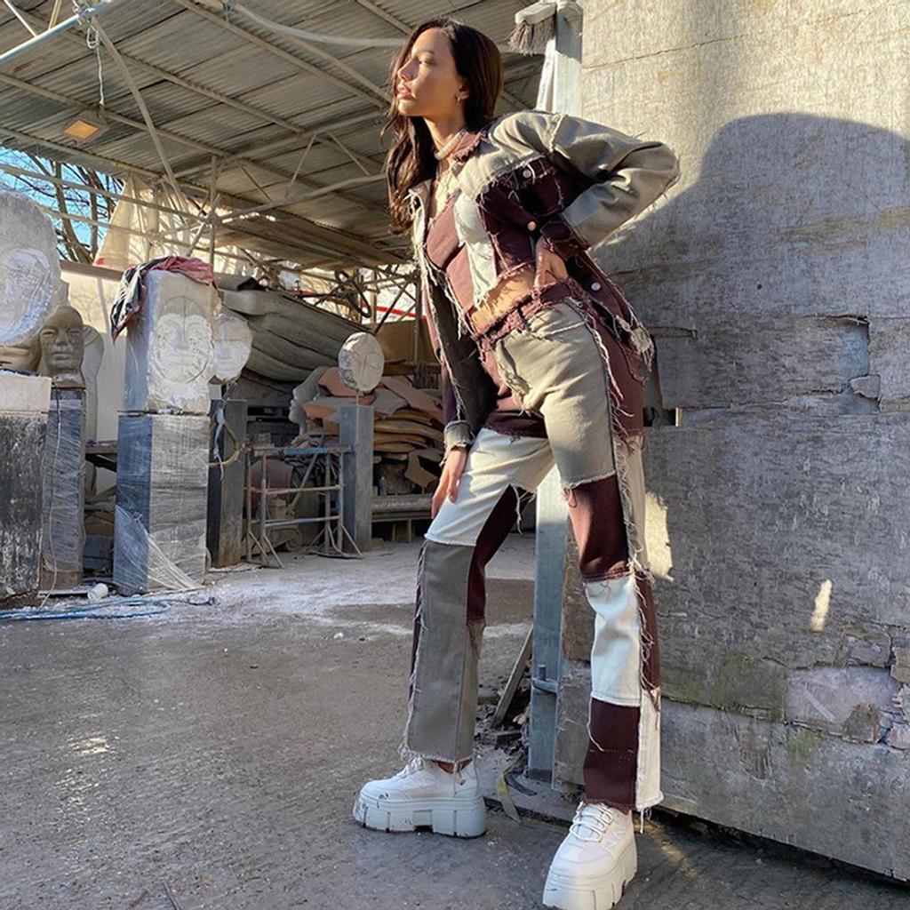 Женские свободные джинсы прямого покроя с накладными карманами, винтажные цветные контрастные нашивки, джинсы с высокой талией, узкие расклешенные джинсовые брюки, уличная одежда