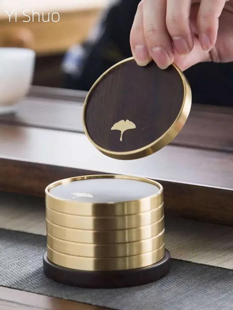 Pure Copper Teacup Holder Blackwood Coaster Household Kung Fu Tea Set Tea Ceremony Utensils Heat Insulation Tea Mat 6 Pieces