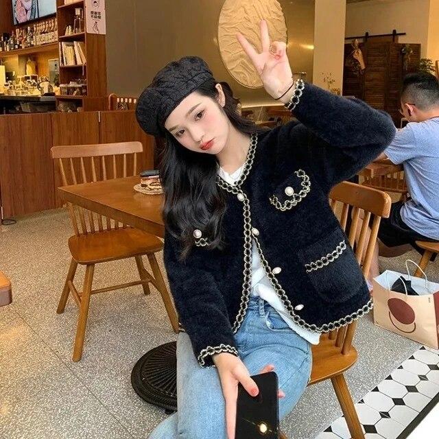 Осеннее вязаное пальто из искусственного норкового флиса, корейская мода, однобортный кардиган с круглым вырезом, повседневное короткое пальто