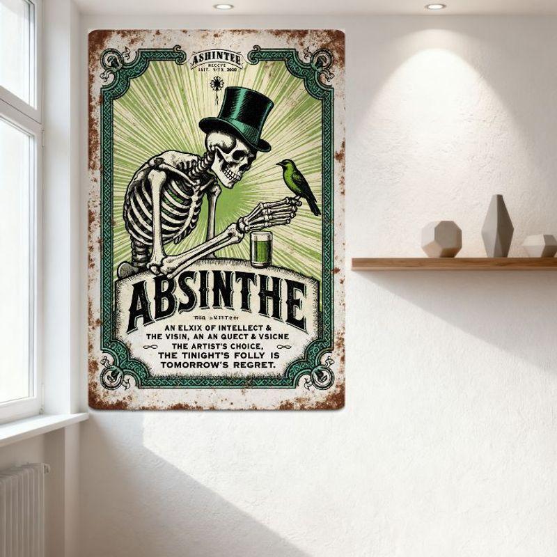 Винтажная металлическая вывеска Absinthe, Скелет с птицей, Потертое рустикальное настенное искусство для бара, мужской комнаты, домашнего декора
