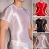 Men T-shirt Thin High Elasticity Round Neck Short Sleeves Slim Fit Good Breathability See-through Glossy Surface Top