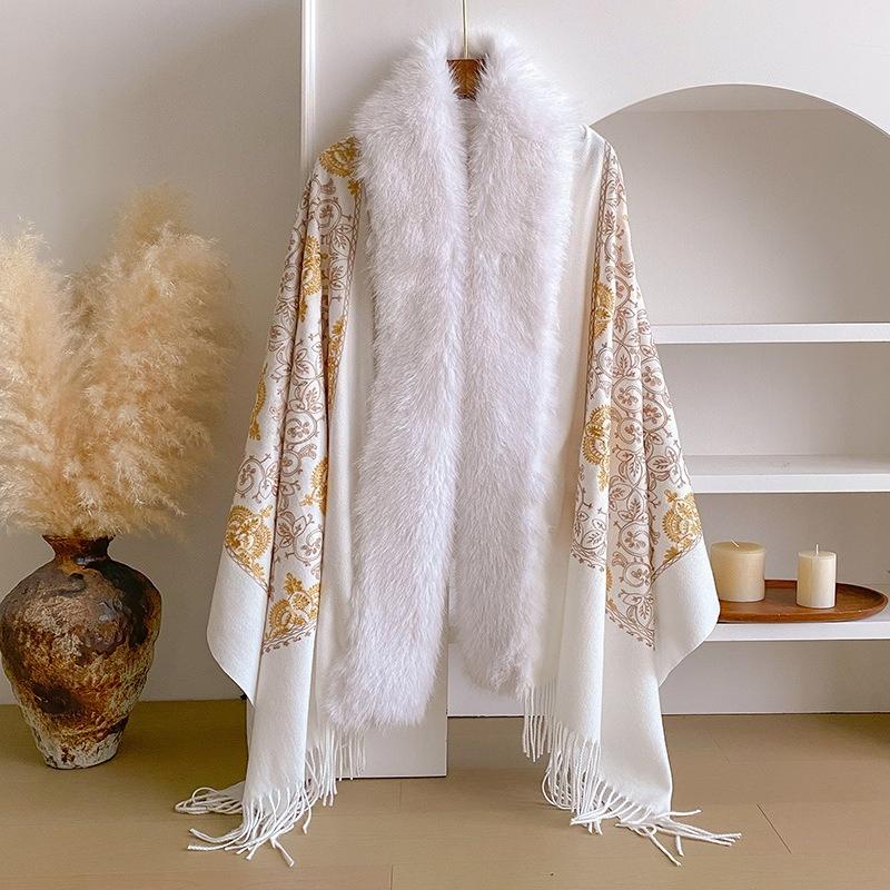 Palace Pattern Embroidered Pattern Plush Collar Scarf Women'S Autumn And Winter Boho Style Scarf Warm Embroidered Shawl Cloak