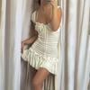 Летняя мода Франция Платье с низким вырезом Женщины с коротким рукавом Тонкие мини-платья с рюшами Женские вечерние повседневные элегантные облегающие платья на шнуровке для отпуска Женщина