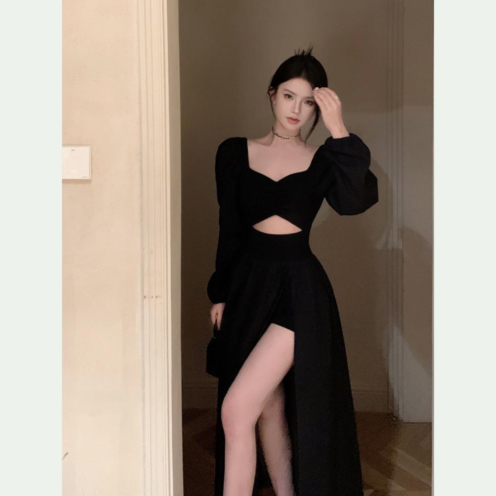 Длинные рукава платья женские платья сексуальные макси шик французская уличная одежда