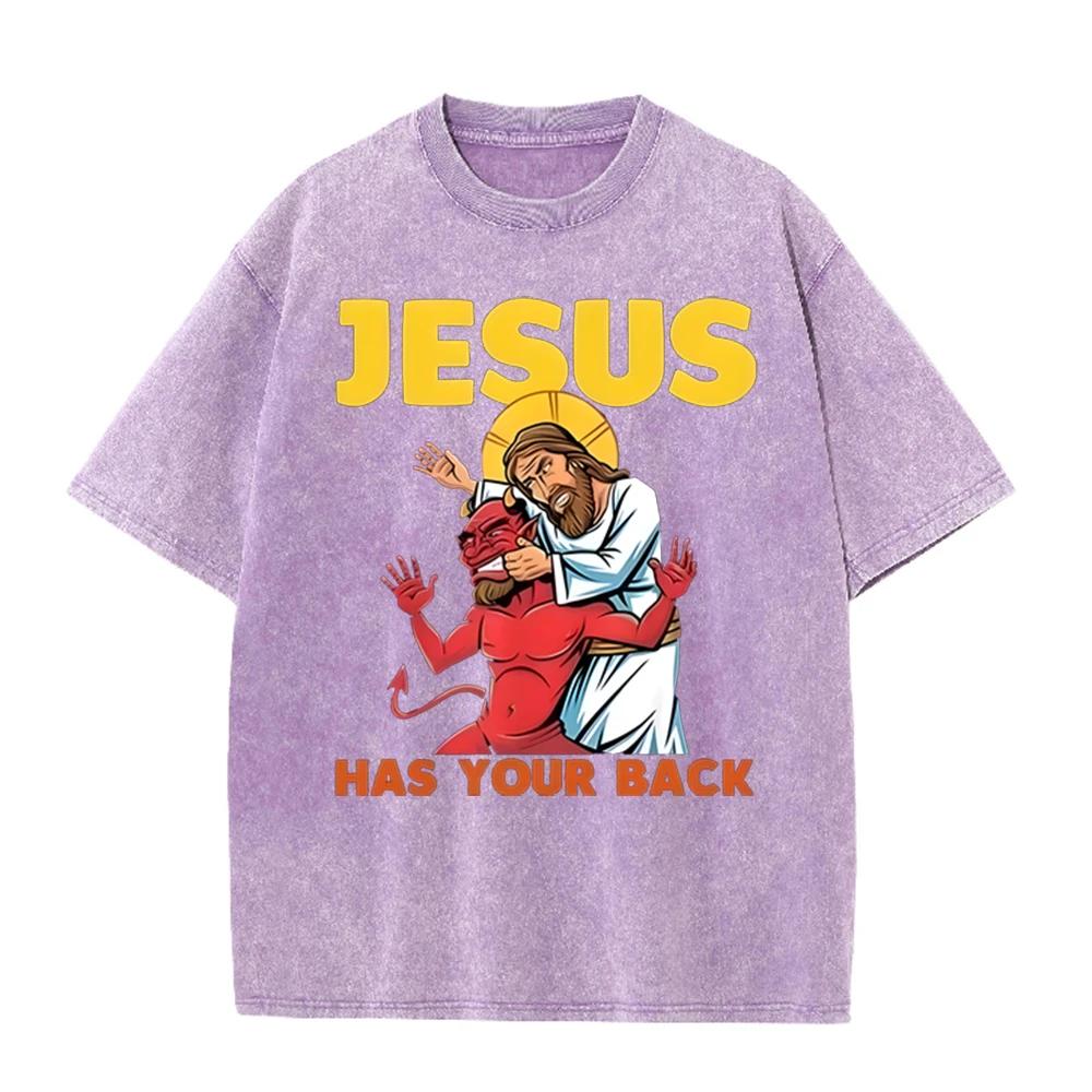 2026 Jesus Has Your Back Faith Christian Cartoon Graphic Purple Washed T Shirt Religious Inspirational Casual Oversized Unisex S