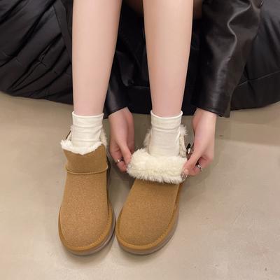 Нишевая мода, теплые короткие ботинки на толстой подошве, женские зимние новые бархатные бордовые сноубутсы на одной педали