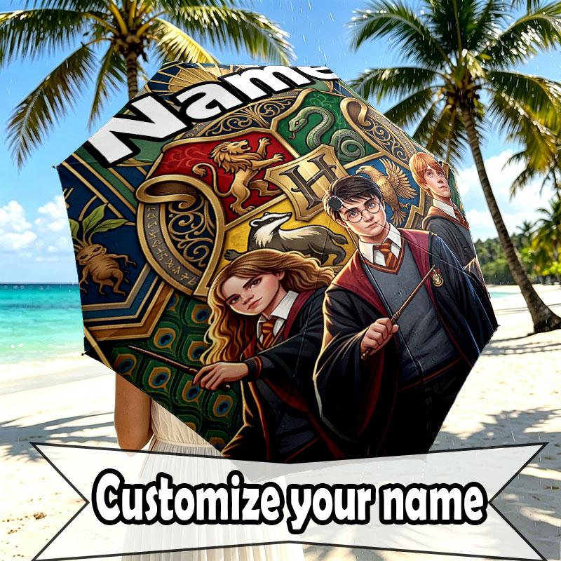 Custom Name Personalized Harry potter Print Umbrella, Auto Open Close, 8‑Rib Sturdy Frame, Commute Camping Hiking Use, Birthday Gift